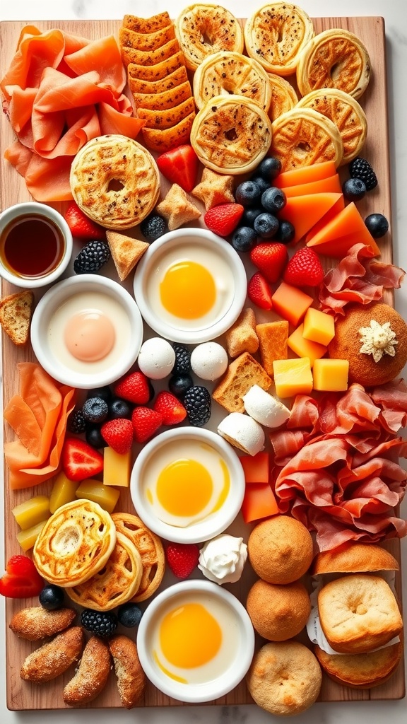 Morning Indulgence Brunch Charcuterie Board A vibrant brunch charcuterie board with pancakes, bagels, smoked salmon, fresh fruits, and assorted pastries.
